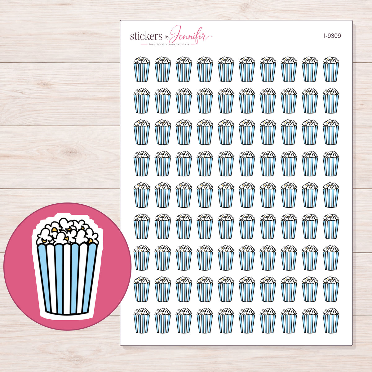 Blue Striped Popcorn Tub Planner Stickers | I-9309 — 5 × 7 inch sheet and enlarged sticker detail