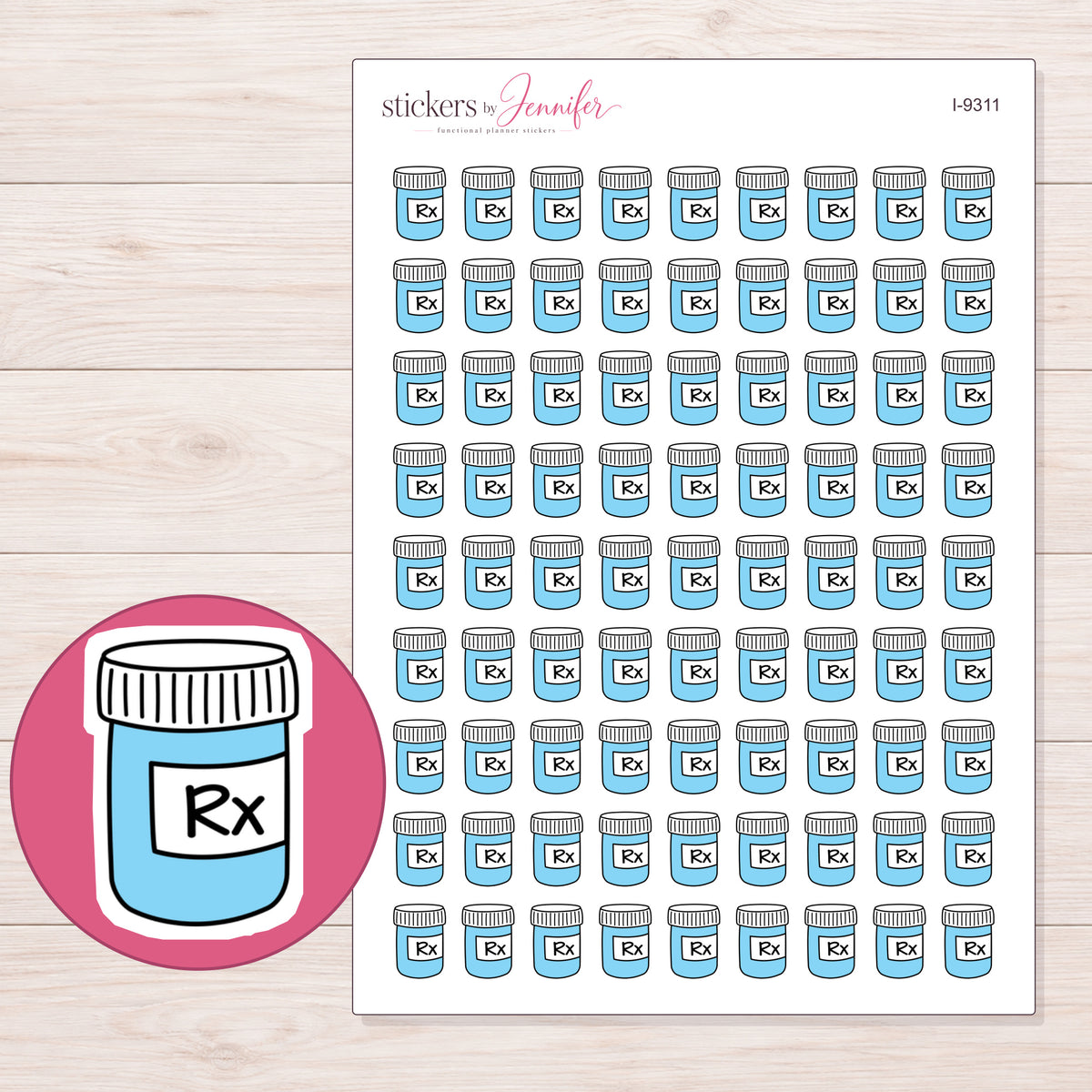 Blue Prescription Bottle Planner Stickers | I-9311 — 5 × 7 inch sheet and enlarged sticker detail