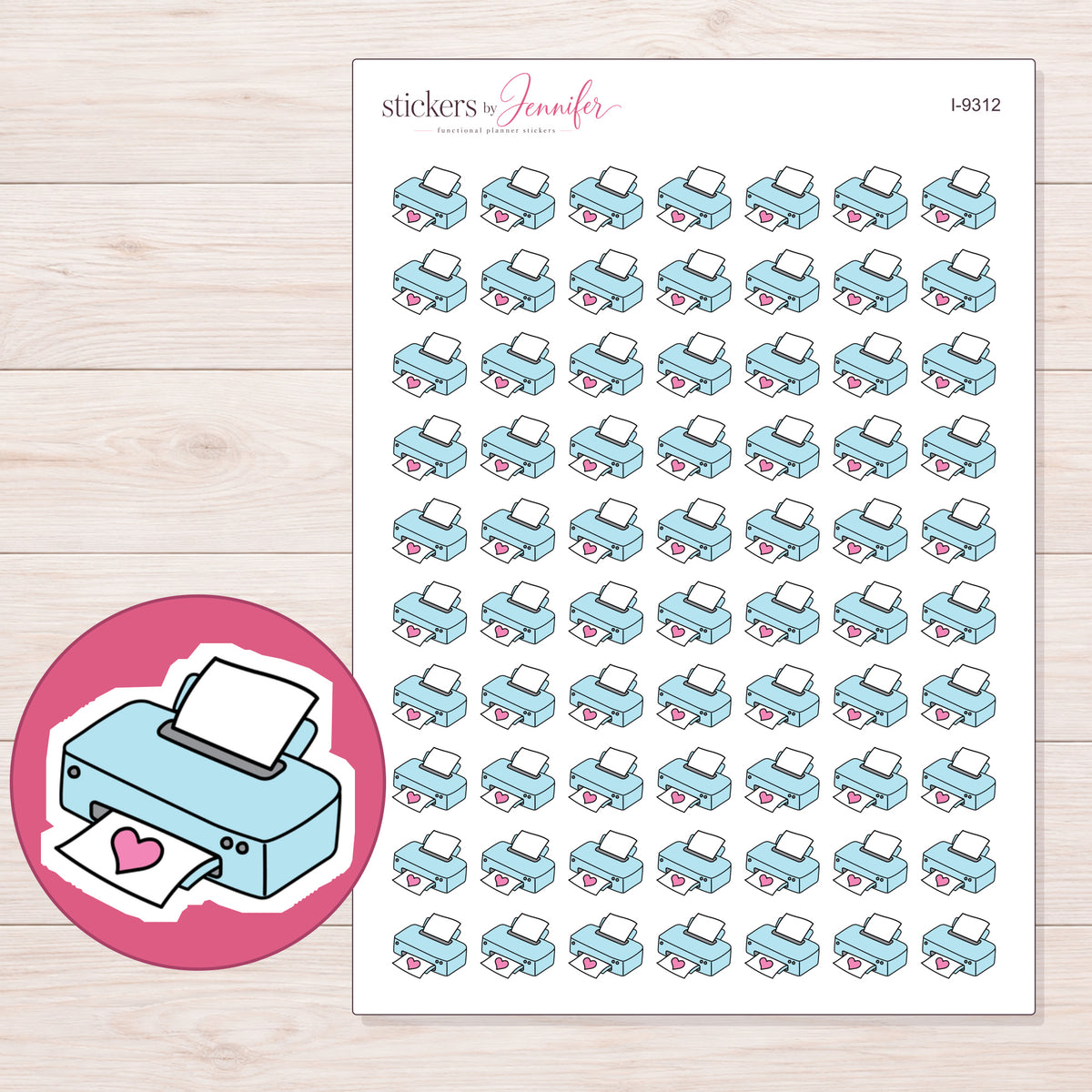 Blue Heart Printer Planner Stickers | I-9312 — 5 × 7 inch sheet and enlarged sticker detail