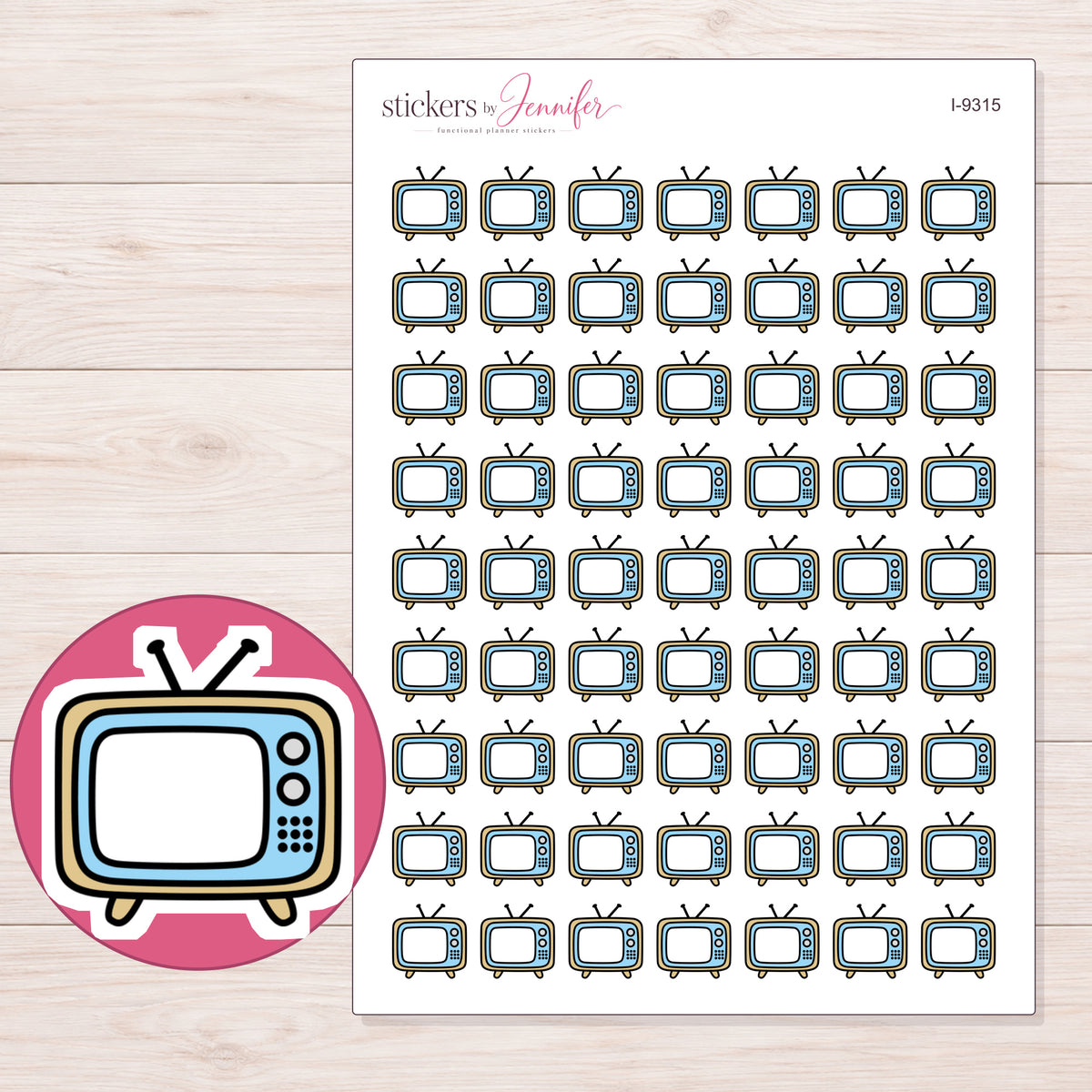 Blue and Cream Retro Television Planner Stickers | I-9315 — 5 × 7 inch sheet and enlarged sticker detail