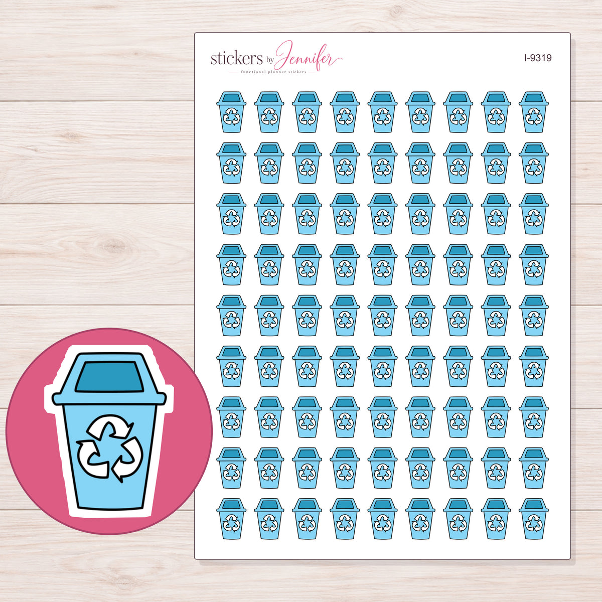 Blue Recycling Bin Planner Stickers | I-9319 — 5 × 7 inch sheet and enlarged sticker detail