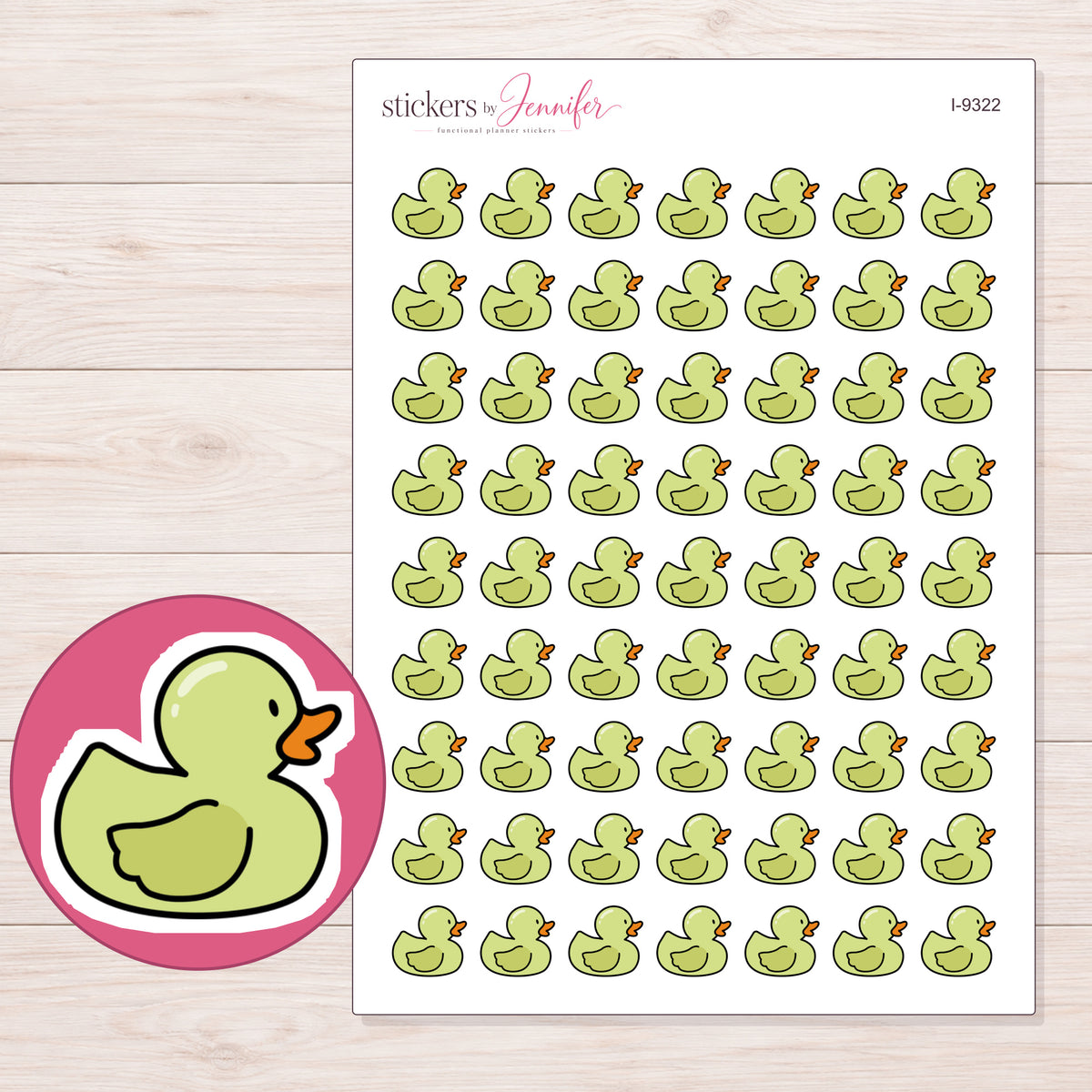 Lime Green Rubber Duck Planner Stickers | I-9322 — 5 × 7 inch sheet and enlarged sticker detail