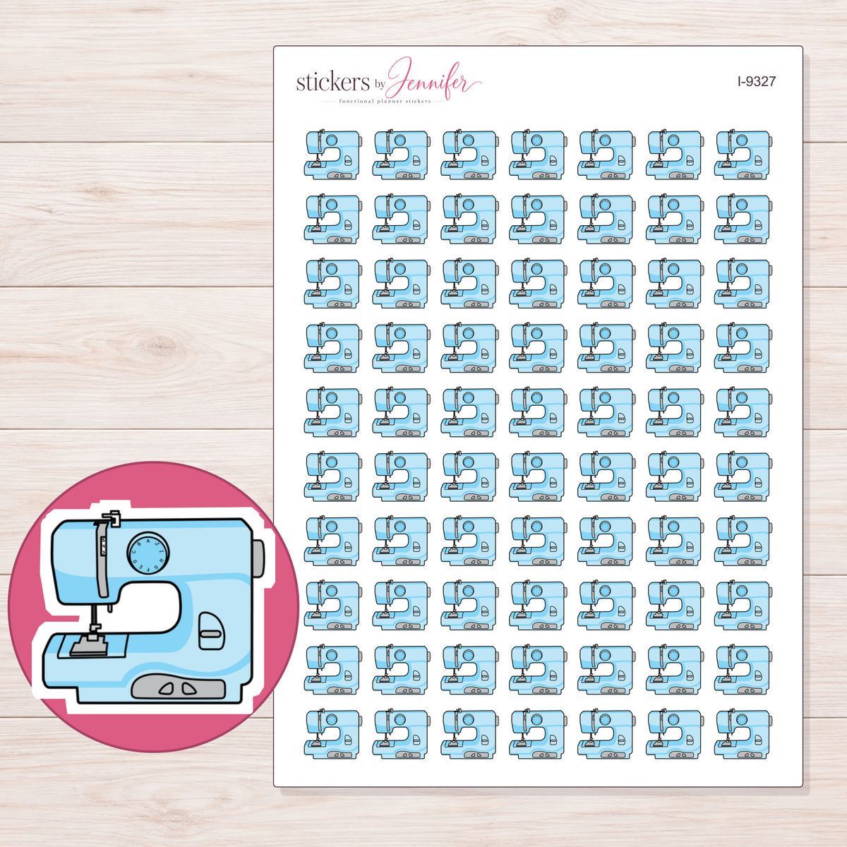 Blue Sewing Machine Planner Stickers | I-9327 — 5 × 7 inch sheet and enlarged sticker detail