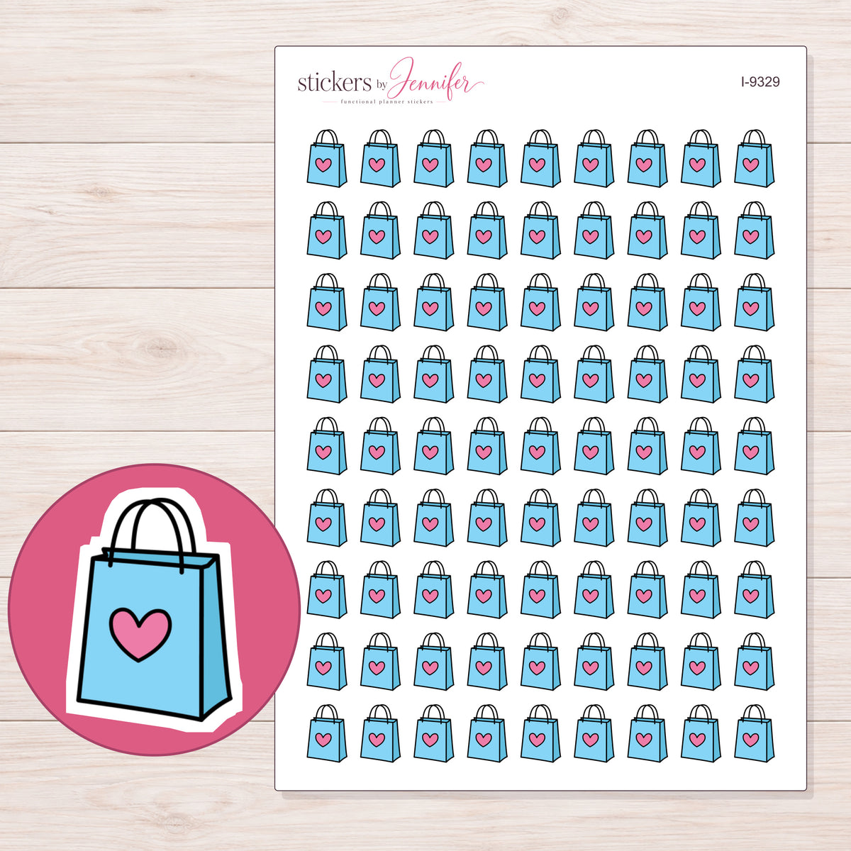 Blue Heart Shopping Bag Planner Stickers | I-9329 — 5 × 7 inch sheet and enlarged sticker detail