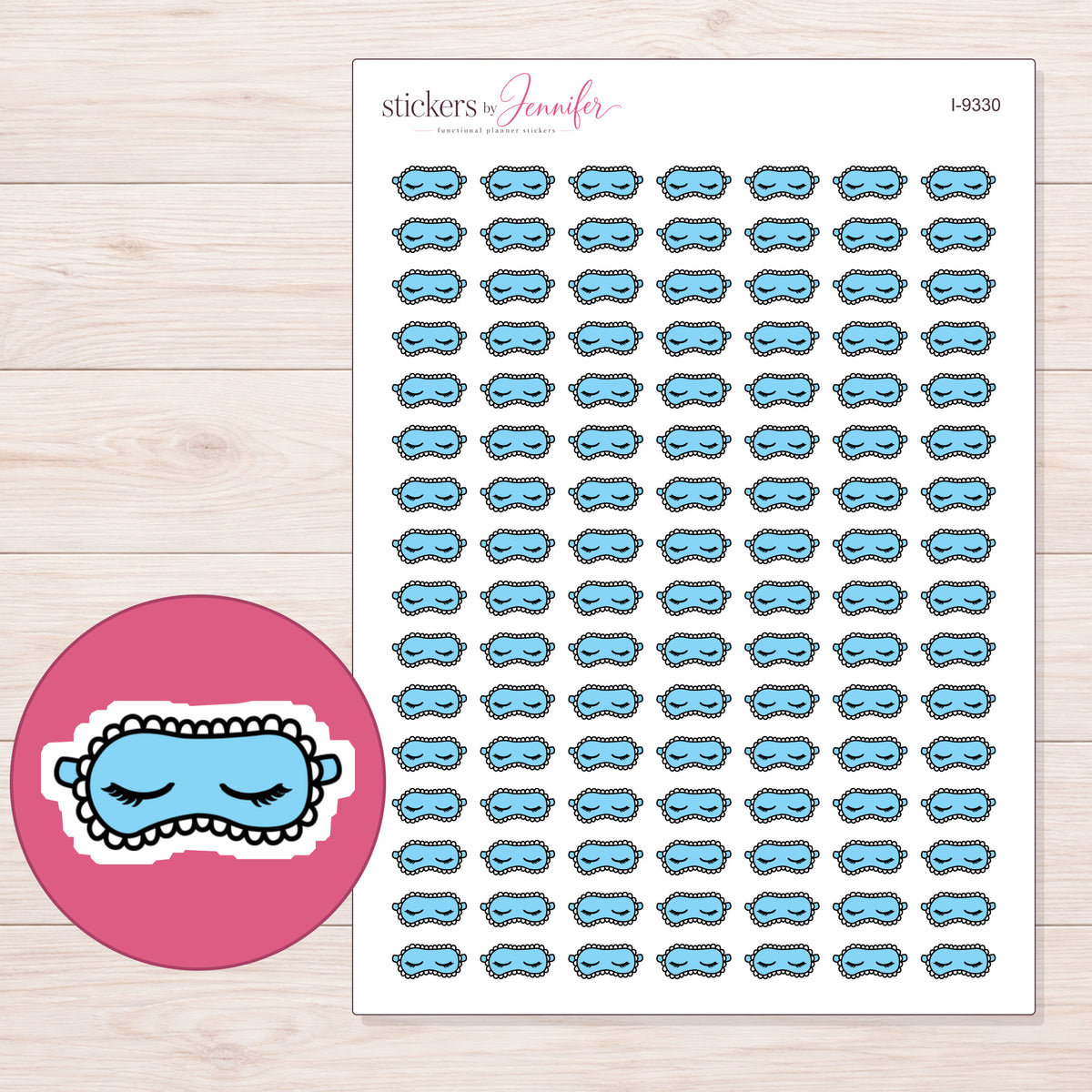 Blue Sleep Mask Planner Stickers | I-9330 — 5 × 7 inch sheet and enlarged sticker detail