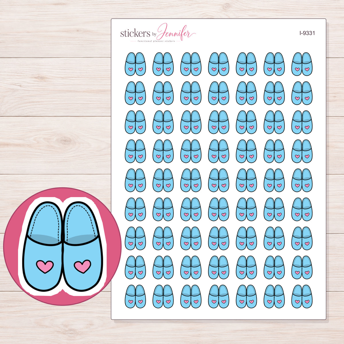 Blue Heart Slippers Planner Stickers | I-9331 — 5 × 7 inch sheet and enlarged sticker detail