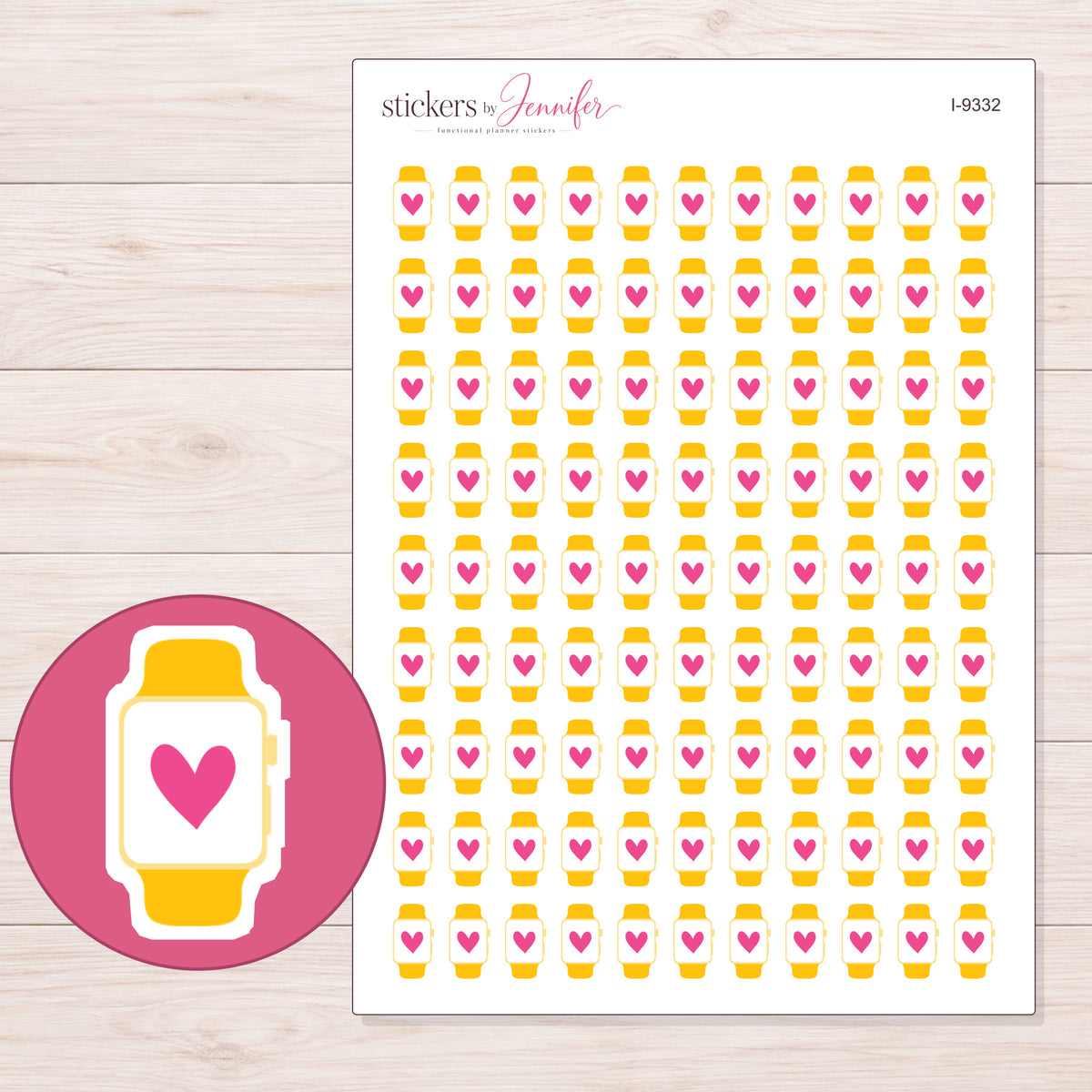 Yellow Heart Smartwatch Planner Stickers | I-9332 — 5 × 7 inch sheet and enlarged sticker detail