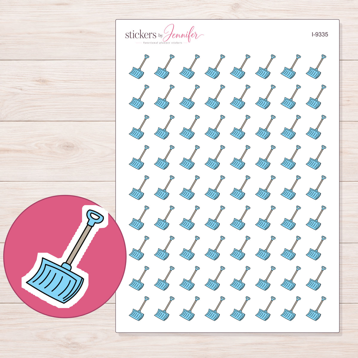 Blue Snow Shovel Planner Stickers | I-9335 — 5 × 7 inch sheet and enlarged sticker detail
