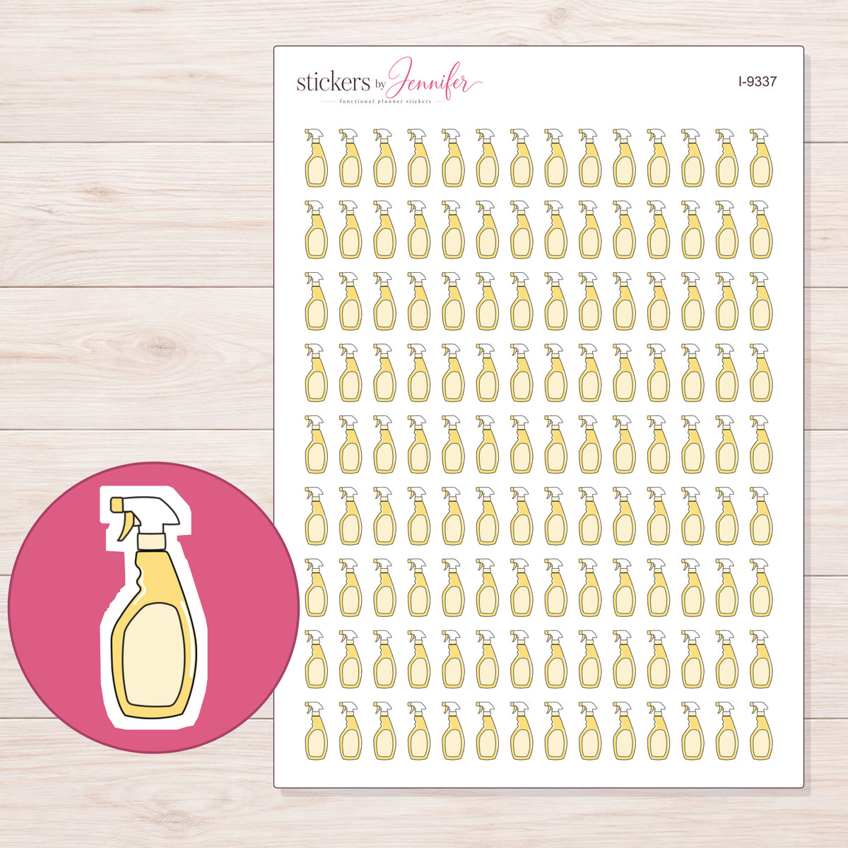 Yellow Cleaning Spray Bottle Planner Stickers | I-9337 — 5 × 7 inch sheet and enlarged sticker detail