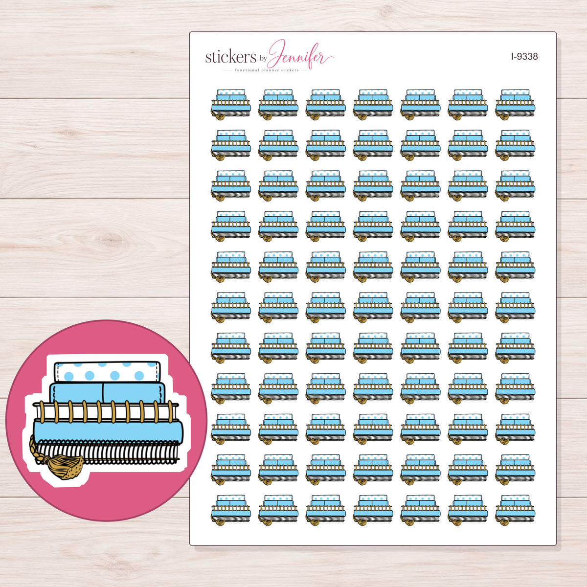 Stack of Blue Planners Planner Stickers | I-9338 — 5 × 7 inch sheet and enlarged sticker detail