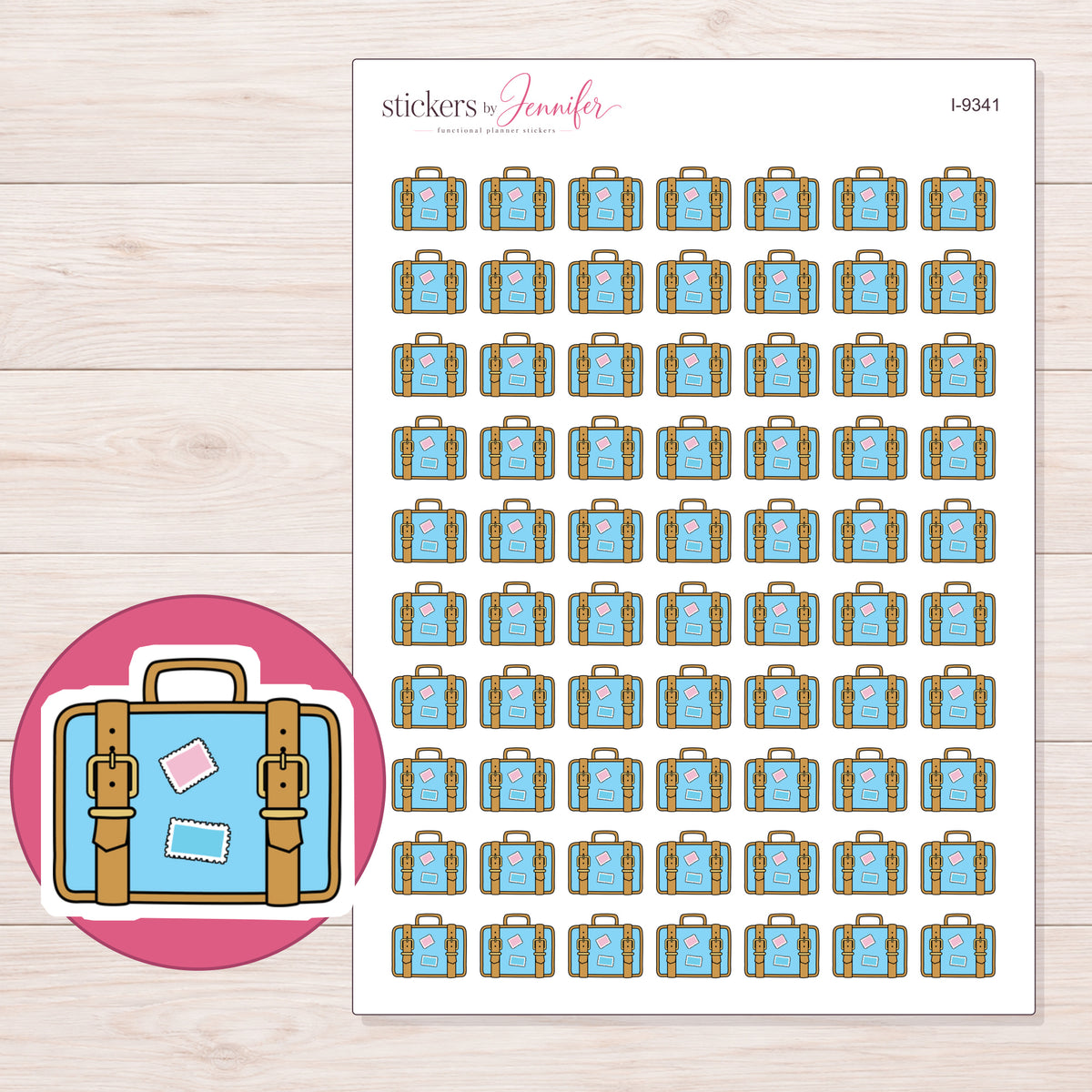 Blue Vintage Suitcase Planner Stickers | I-9341 — 5 × 7 inch sheet and enlarged sticker detail