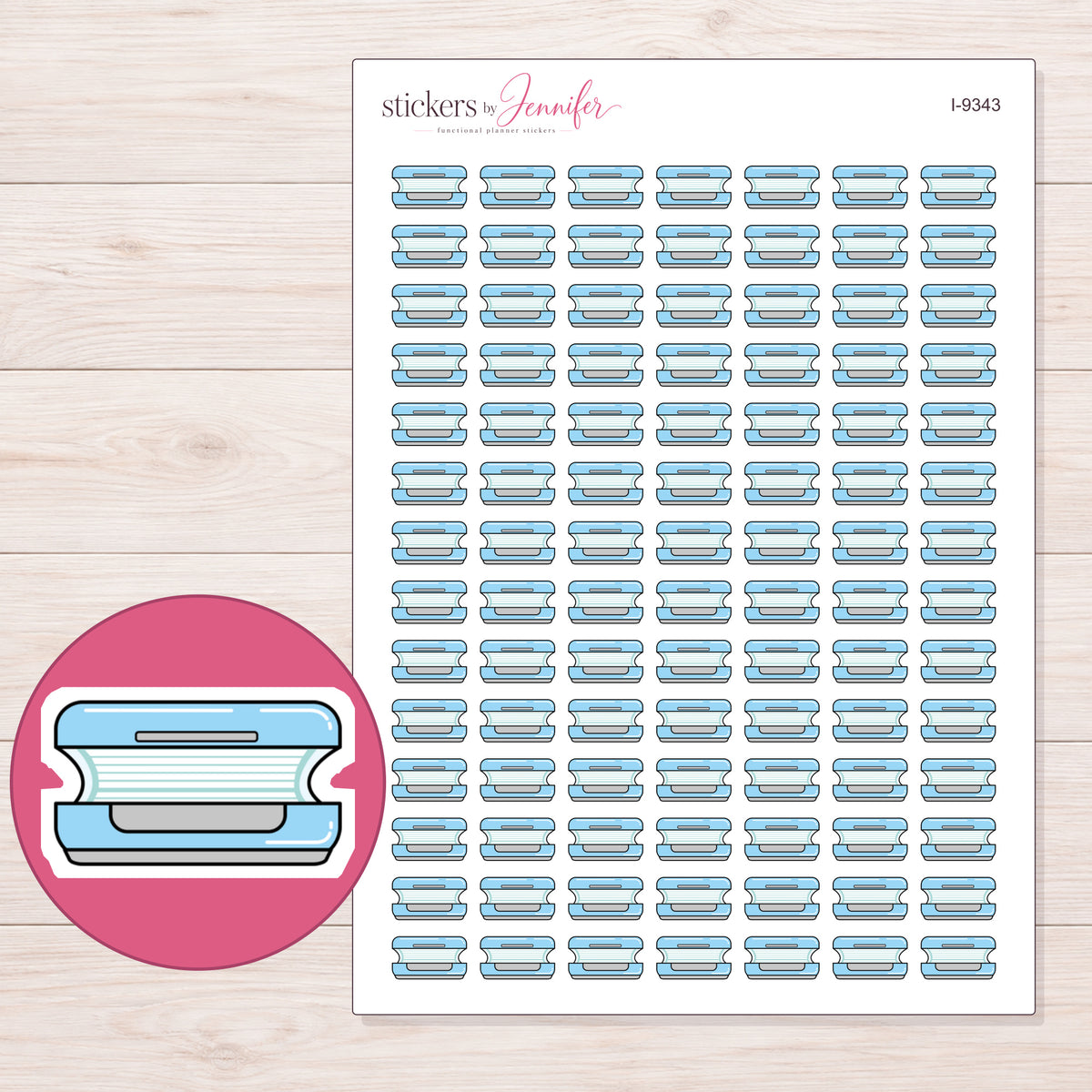 Blue Tanning Bed Planner Stickers | I-9343 — 5 × 7 inch sheet and enlarged sticker detail