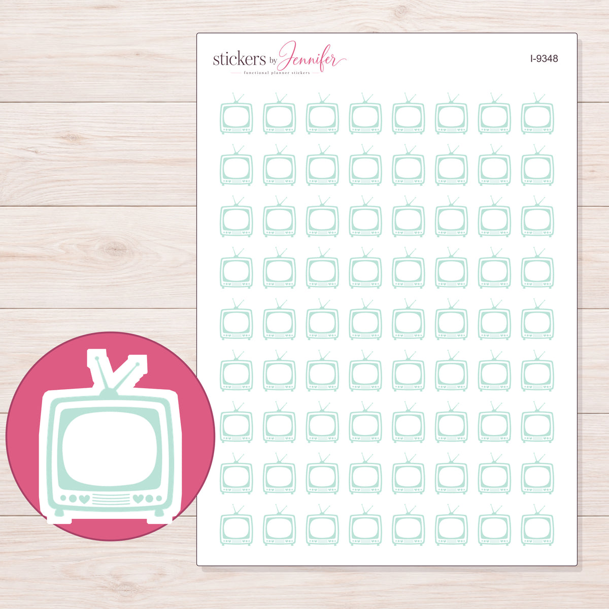 Mint Outline Retro Television Planner Stickers | I-9348 — 5 × 7 inch sheet and enlarged sticker detail