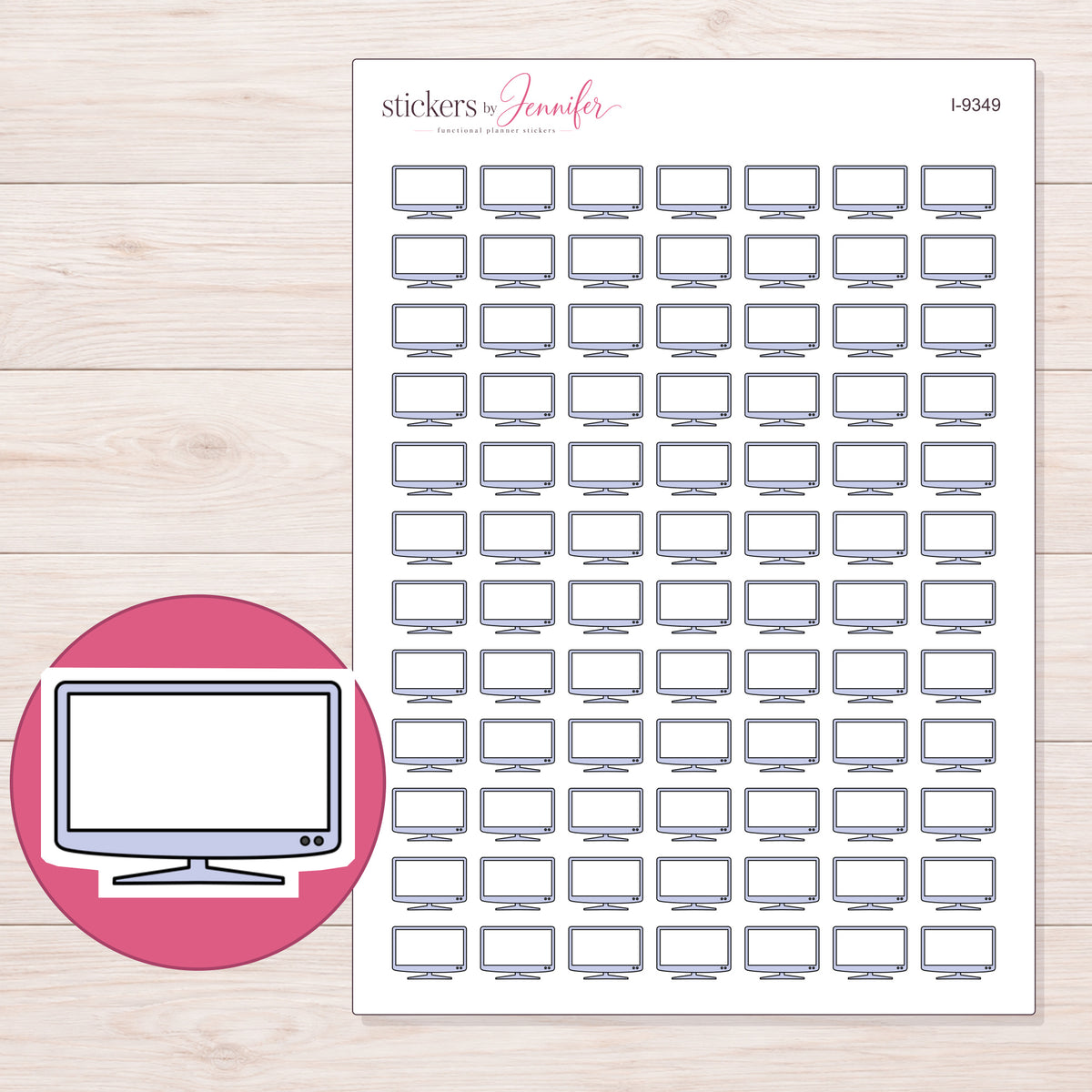 Lavender Flat Screen Television Planner Stickers | I-9349 — 5 × 7 inch sheet and enlarged sticker detail