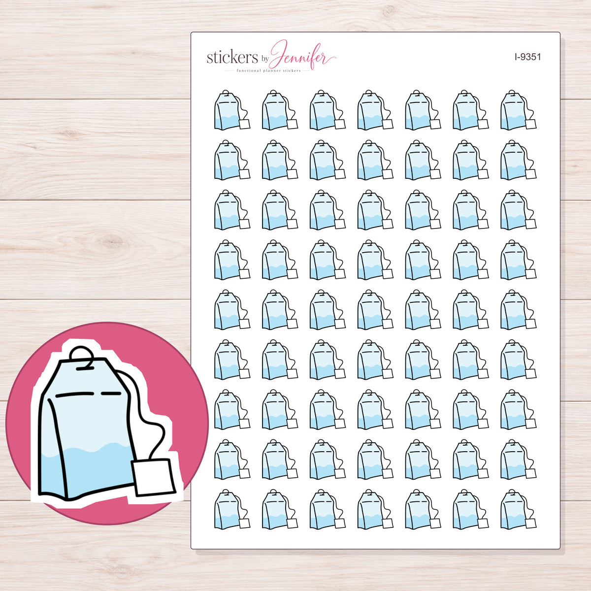 Pale Blue Tea Bag Planner Stickers | I-9351 — 5 × 7 inch sheet and enlarged sticker detail