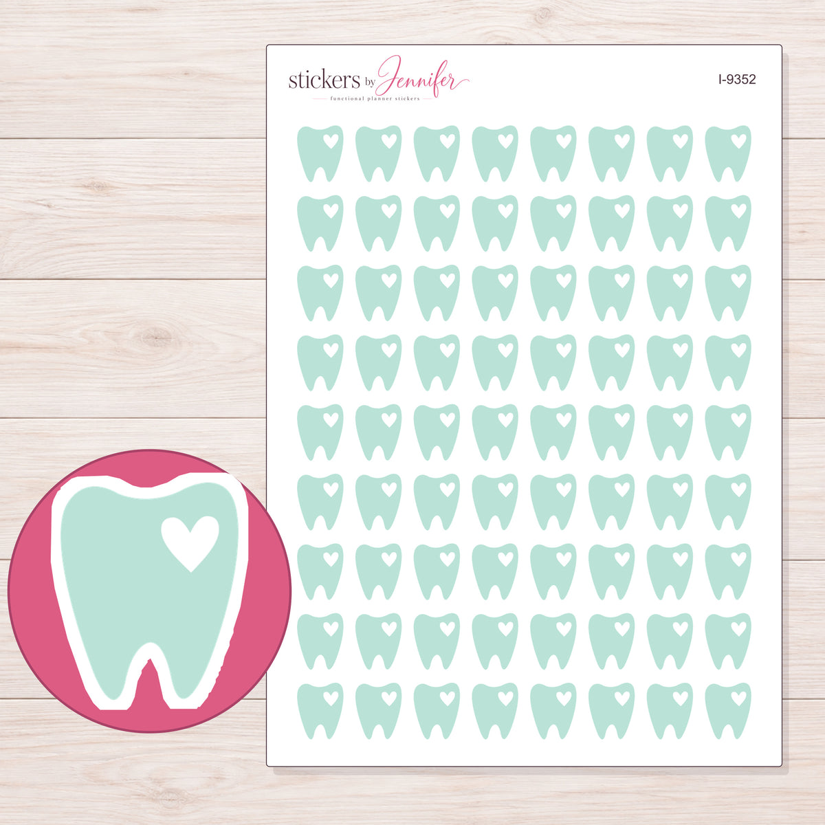 Mint Heart Tooth Planner Stickers | I-9352 — 5 × 7 inch sheet and enlarged sticker detail