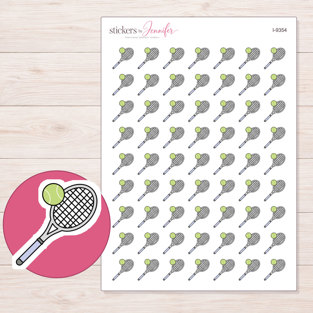 Tennis Racket and Ball Planner Stickers | I-9354 — 5 × 7 inch sheet and enlarged sticker detail