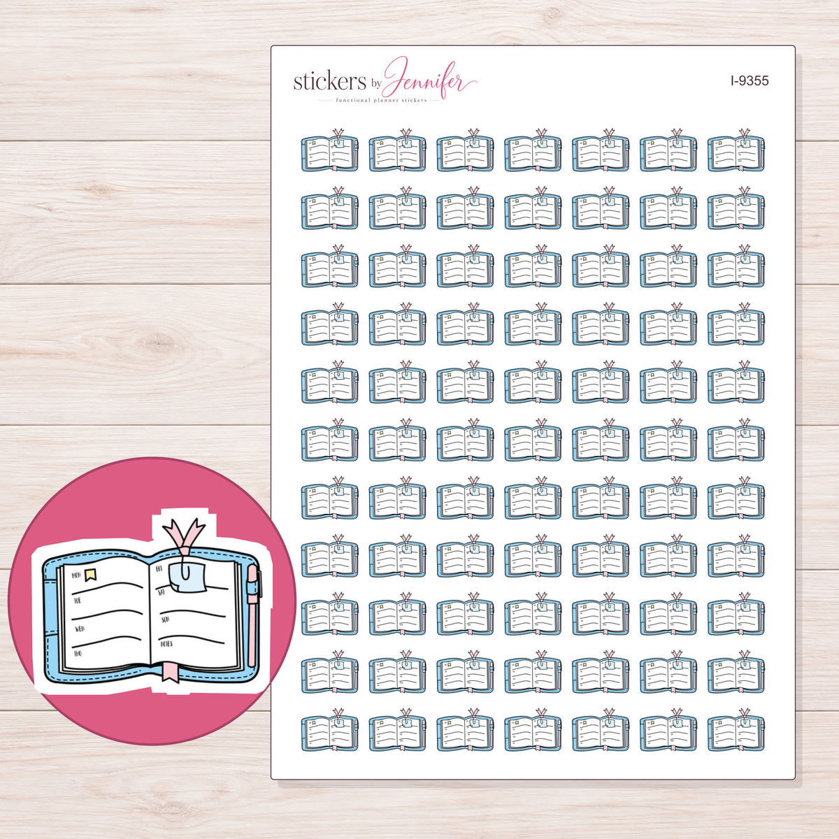 Open Planner with Ribbon Clip Planner Stickers | I-9355 — 5 × 7 inch sheet and enlarged sticker detail