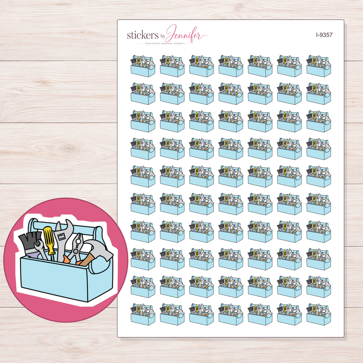 Blue Toolbox Planner Stickers | I-9357 — 5 × 7 inch sheet and enlarged sticker detail
