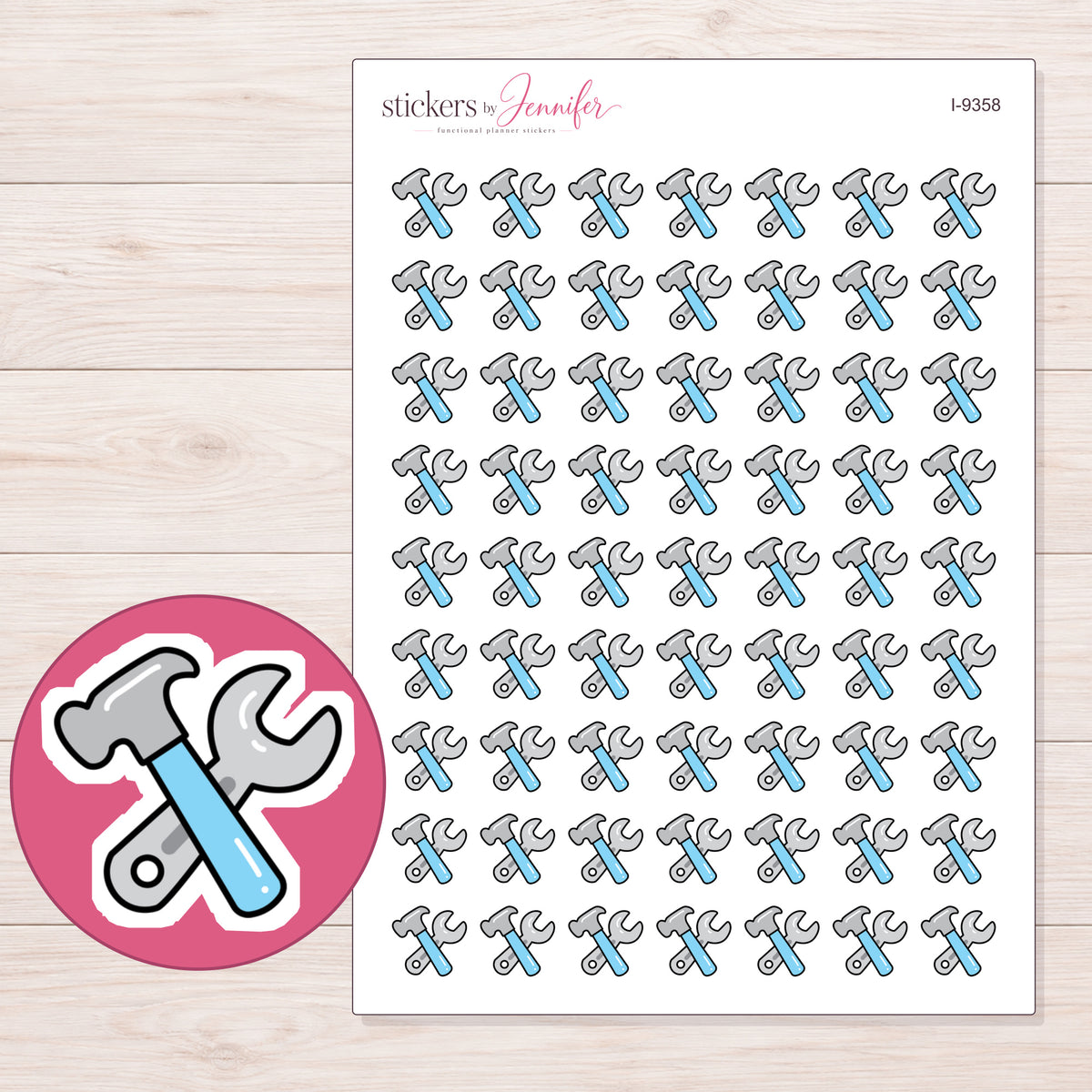 Blue Hammer and Wrench Planner Stickers | I-9358 — 5 × 7 inch sheet and enlarged sticker detail
