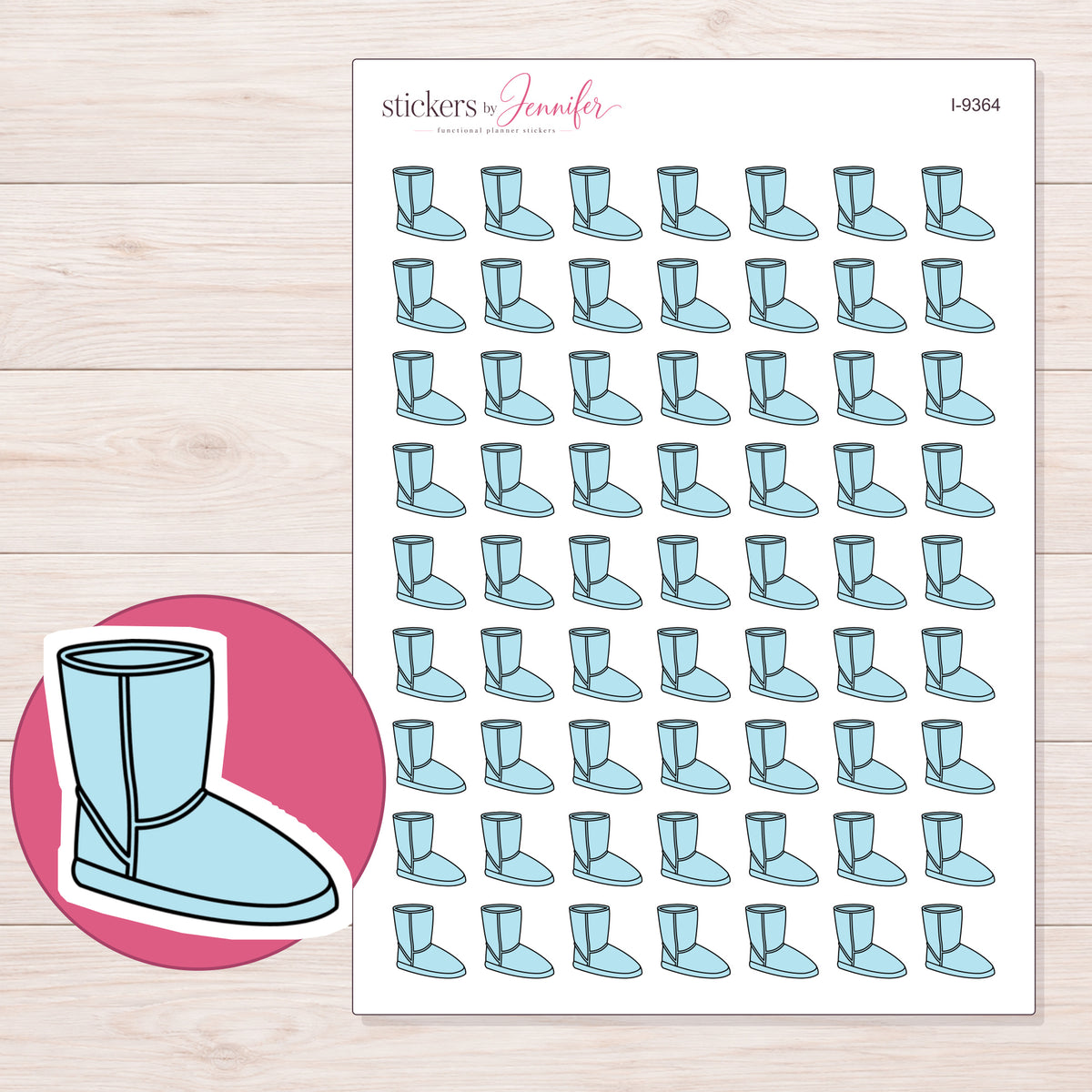 Blue Cozy Boot Planner Stickers | I-9364 — 5 × 7 inch sheet and enlarged sticker detail
