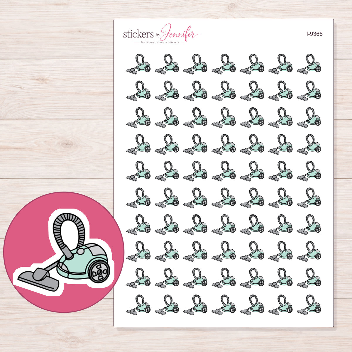 Mint Canister Vacuum Planner Stickers | I-9366 — 5 × 7 inch sheet and enlarged sticker detail