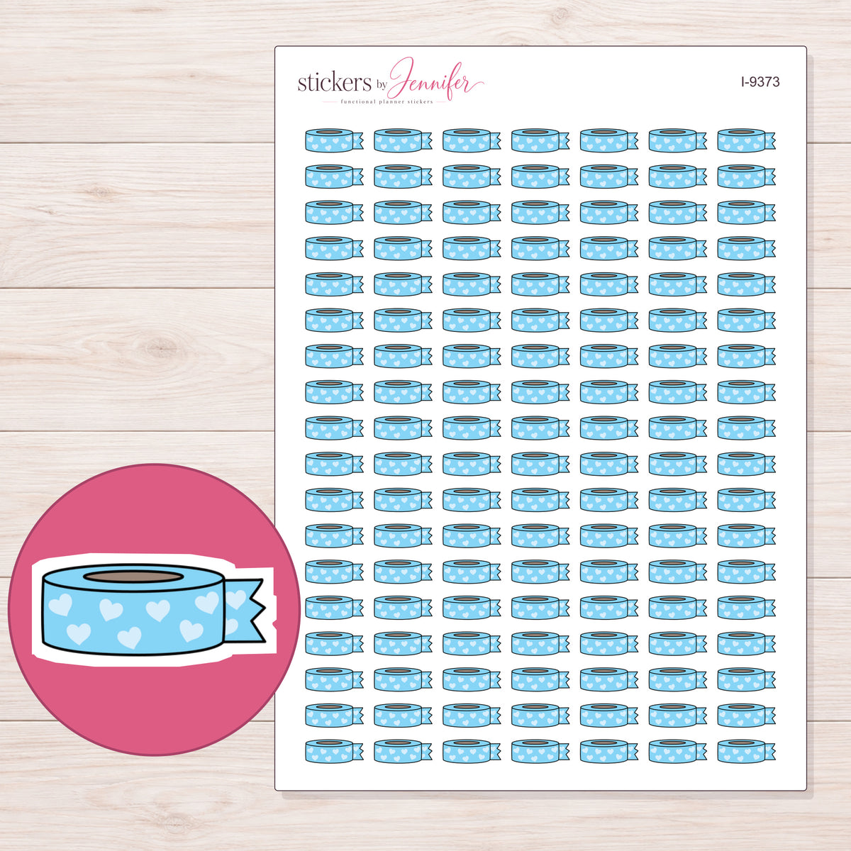 Blue Heart Washi Roll with Loose End Planner Stickers | I-9373 — 5 × 7 inch sheet and enlarged sticker detail