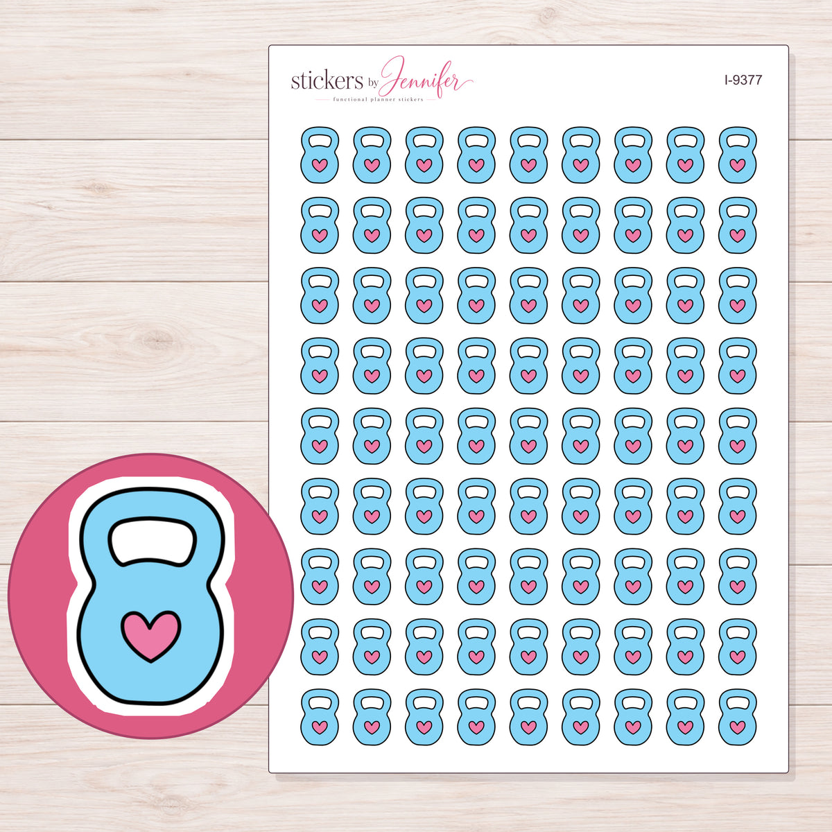Blue Heart Kettlebell Planner Stickers | I-9377 — 5 × 7 inch sheet and enlarged sticker detail