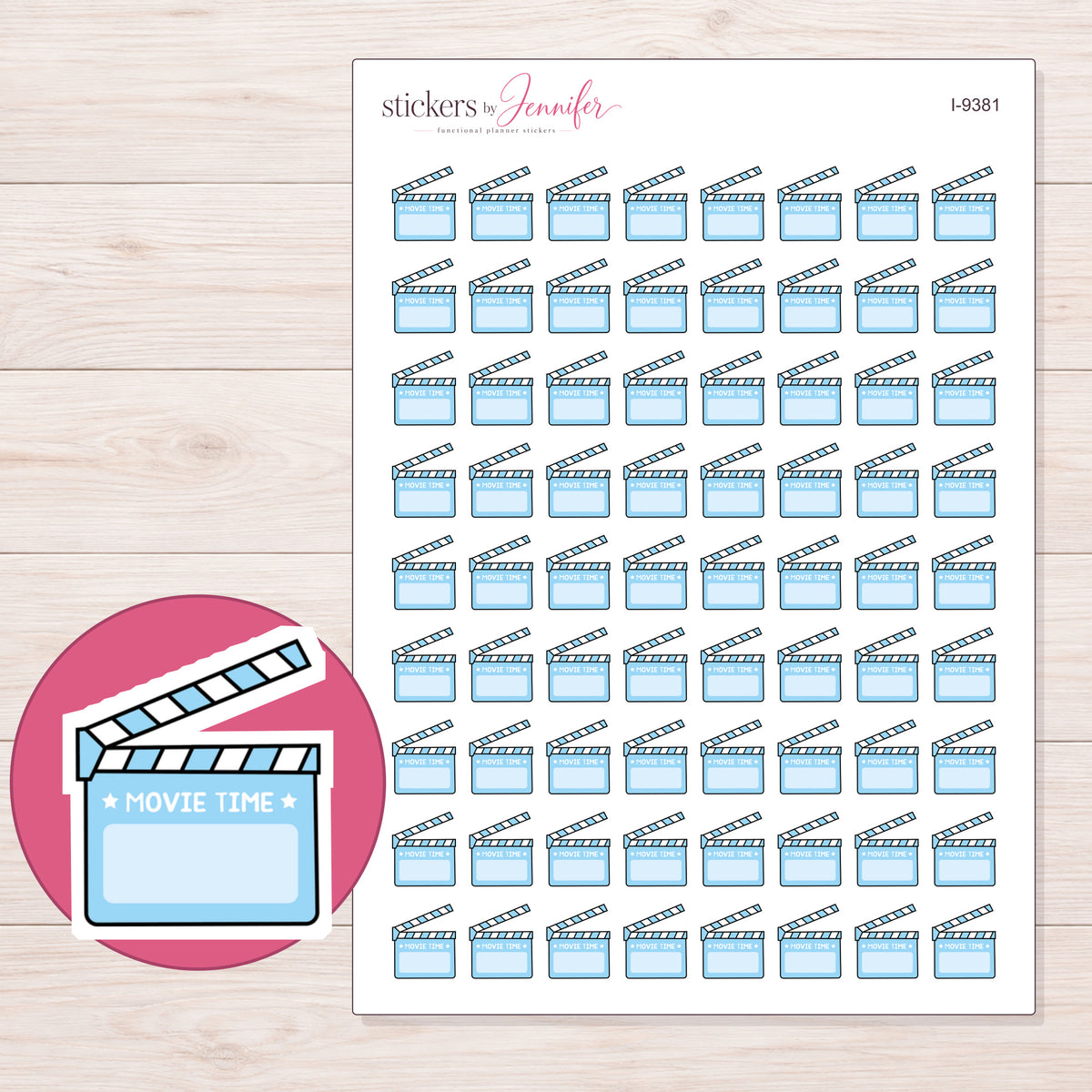 Blue Movie Time Clapperboard Planner Stickers | I-9381 — 5 × 7 inch sheet and enlarged sticker detail