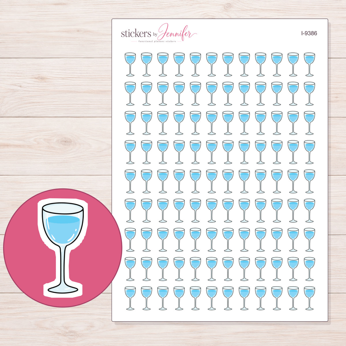 Blue Wine Glass Planner Stickers | I-9386 — 5 × 7 inch sheet and enlarged sticker detail