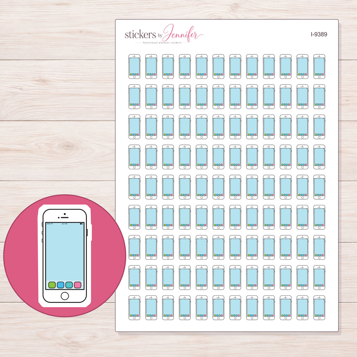 White App Smartphone Planner Stickers | I-9389 — 5 × 7 inch sheet and enlarged sticker detail