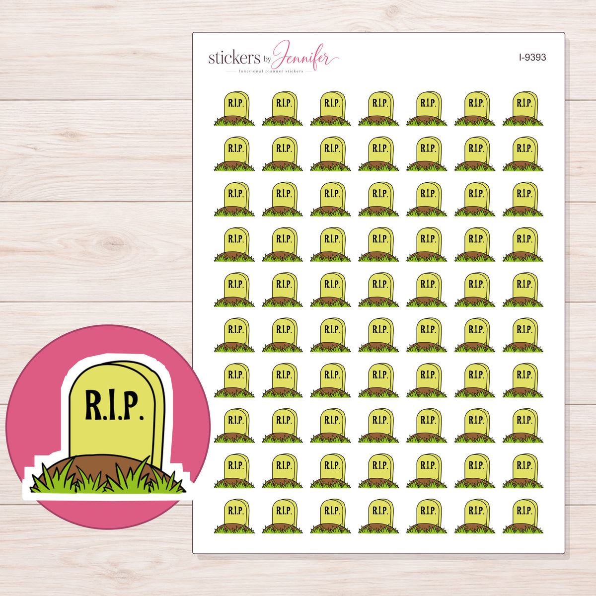 Lime Green RIP Headstone Planner Stickers | I-9393 — 5 × 7 inch sheet and enlarged sticker detail