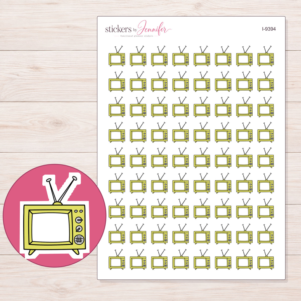 Lime Green Box Television Planner Stickers | I-9394 — 5 × 7 inch sheet and enlarged sticker detail