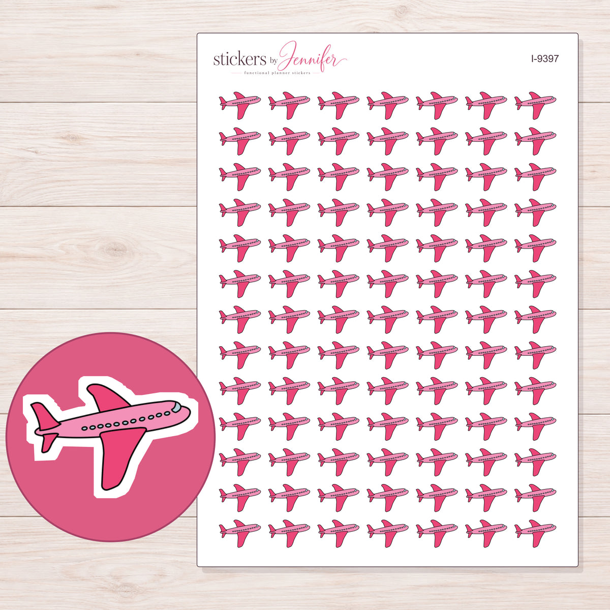 Pink Airplane Planner Stickers | I-9397 — 5 × 7 inch sheet and enlarged sticker detail