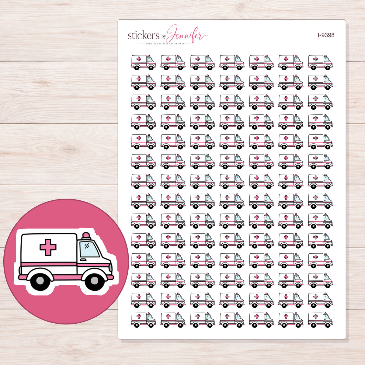Pink Cross Ambulance Planner Stickers | I-9398 — 5 × 7 inch sheet and enlarged sticker detail