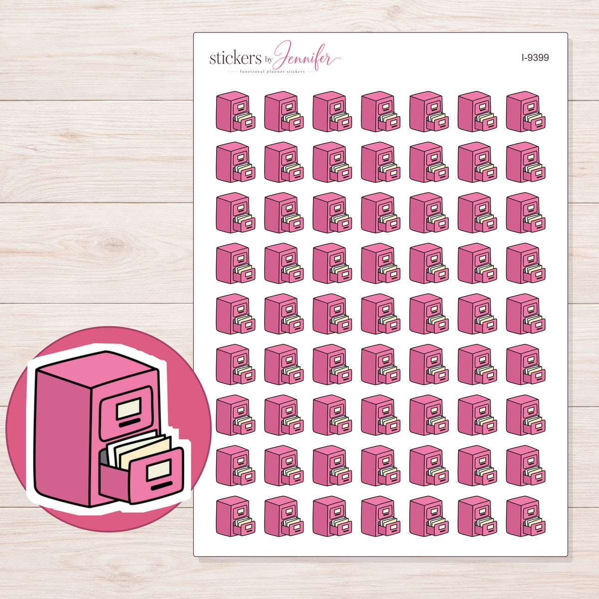 Pink Filing Cabinet Planner Stickers | I-9399 — 5 × 7 inch sheet and enlarged sticker detail