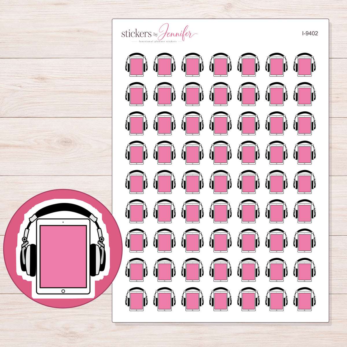 Pink Audiobook Tablet Planner Stickers | I-9402 — 5 × 7 inch sheet and enlarged sticker detail