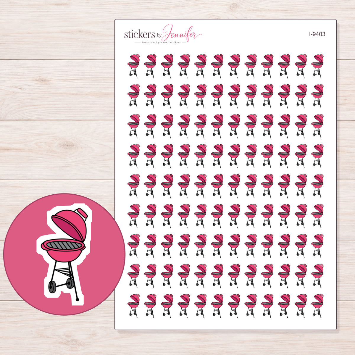 Pink Barbecue Grill Planner Stickers | I-9403 — 5 × 7 inch sheet and enlarged sticker detail