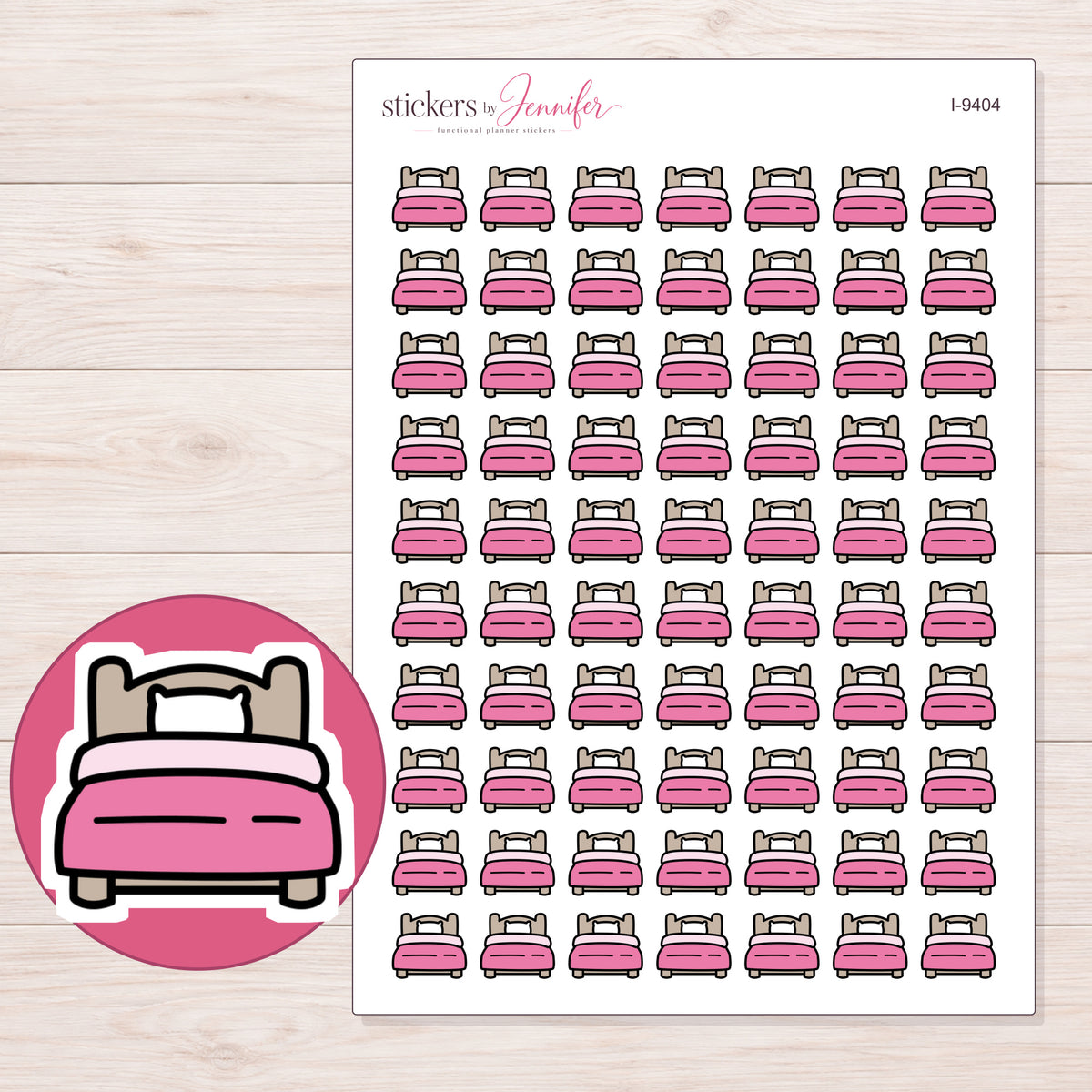 Pink Single Bed Planner Stickers | I-9404 — 5 × 7 inch sheet and enlarged sticker detail