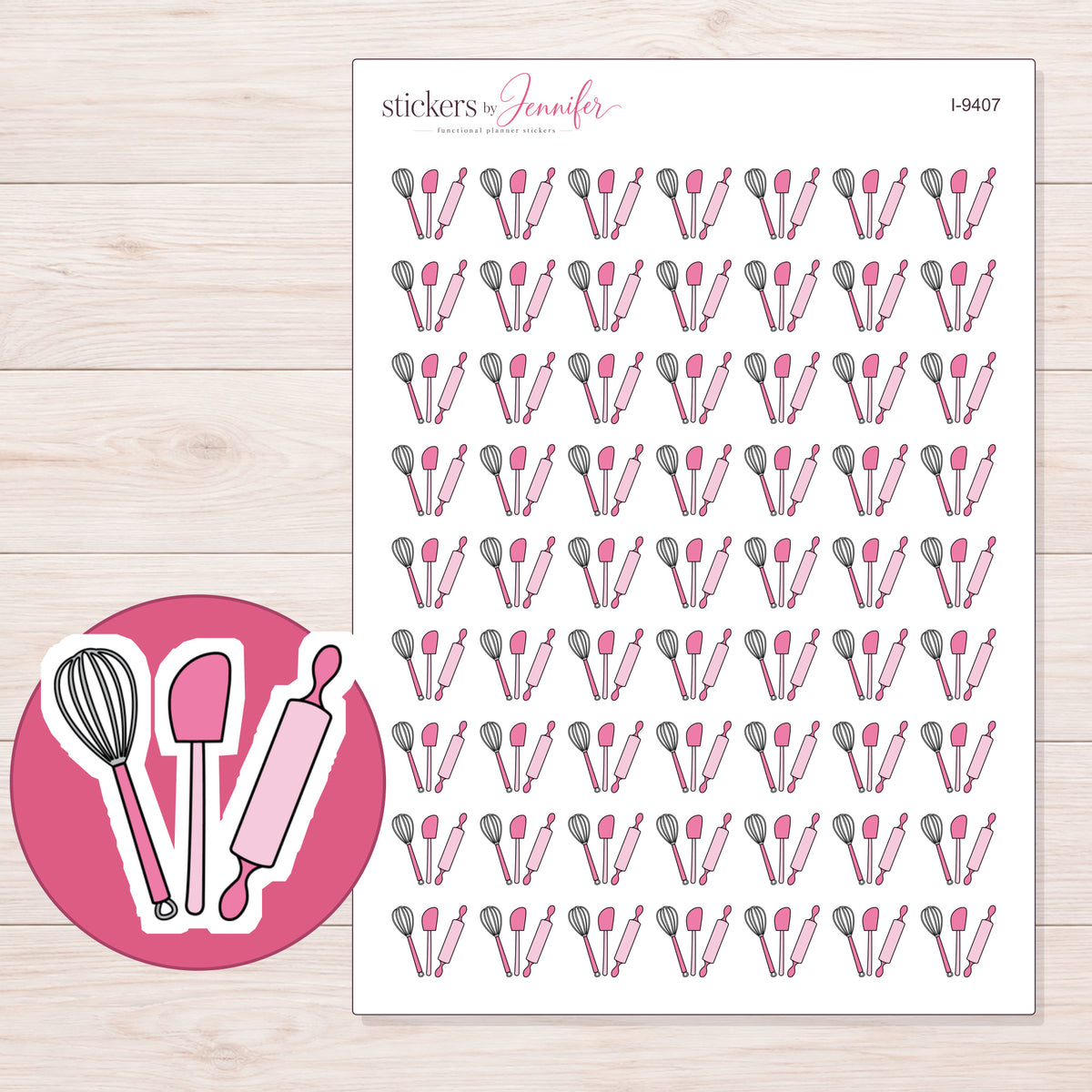 Pink Baking Utensils Planner Stickers | I-9407 — 5 × 7 inch sheet and enlarged sticker detail
