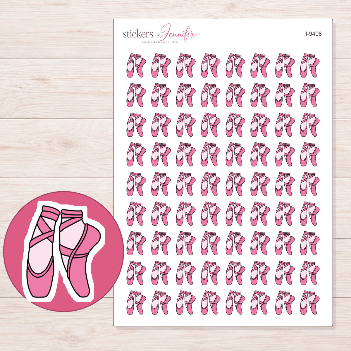 Pink Ballet Slippers Planner Stickers | I-9408 — 5 × 7 inch sheet and enlarged sticker detail