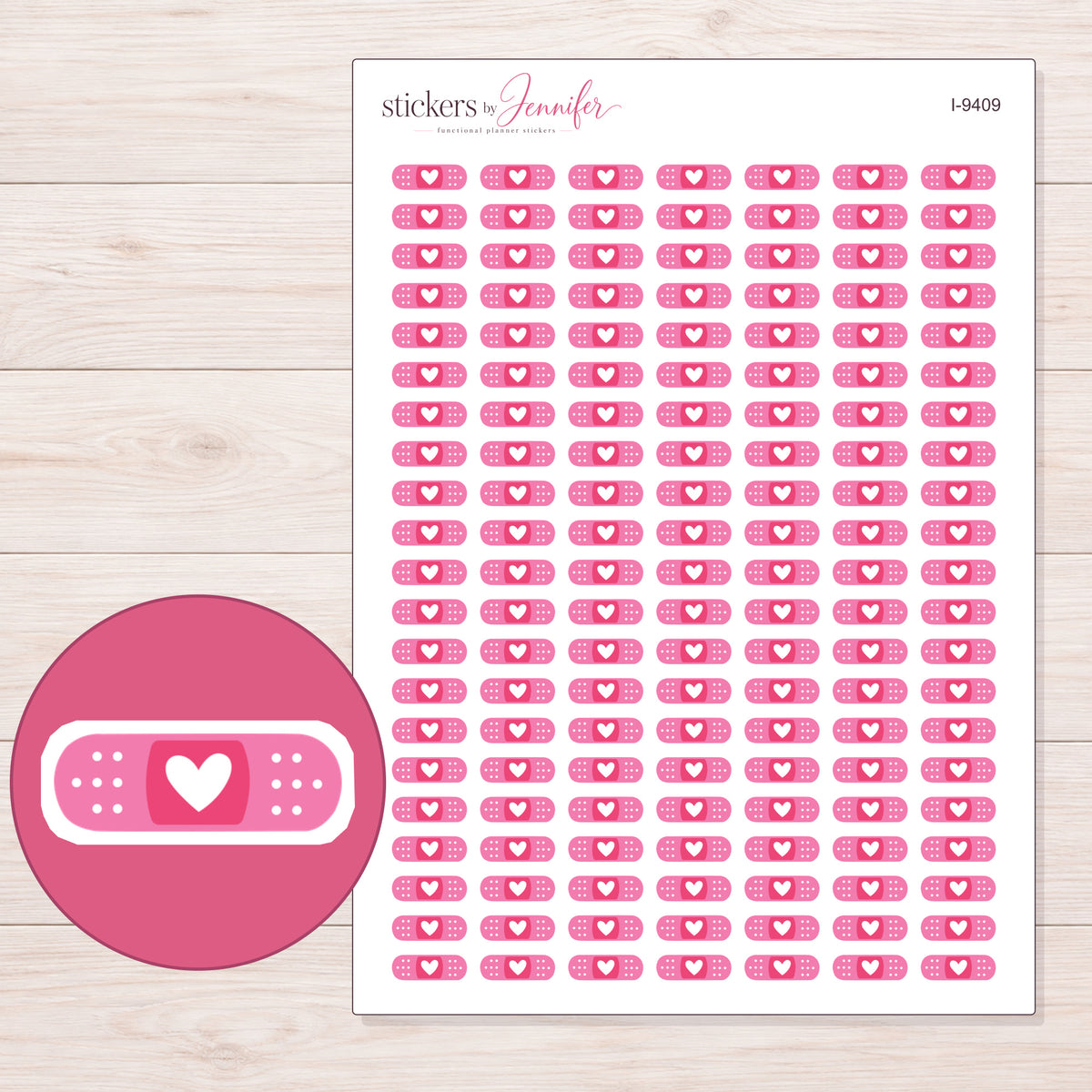 Pink Heart Bandage Planner Stickers | I-9409 — 5 × 7 inch sheet and enlarged sticker detail