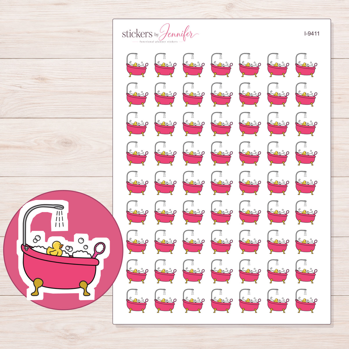Pink Bubble Bath Planner Stickers | I-9411 — 5 × 7 inch sheet and enlarged sticker detail