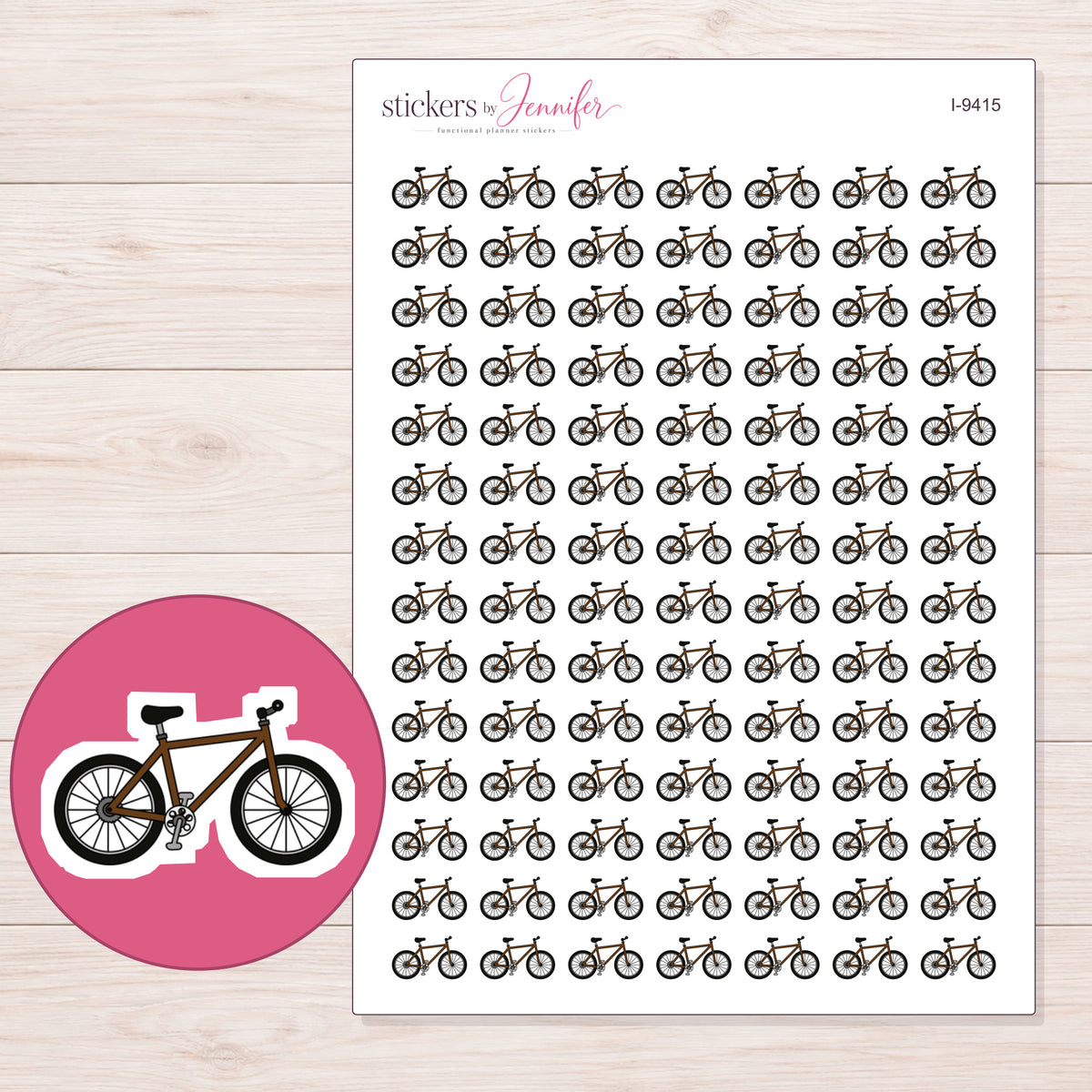 Brown Bicycle Planner Stickers | I-9415 — 5 × 7 inch sheet and enlarged sticker detail