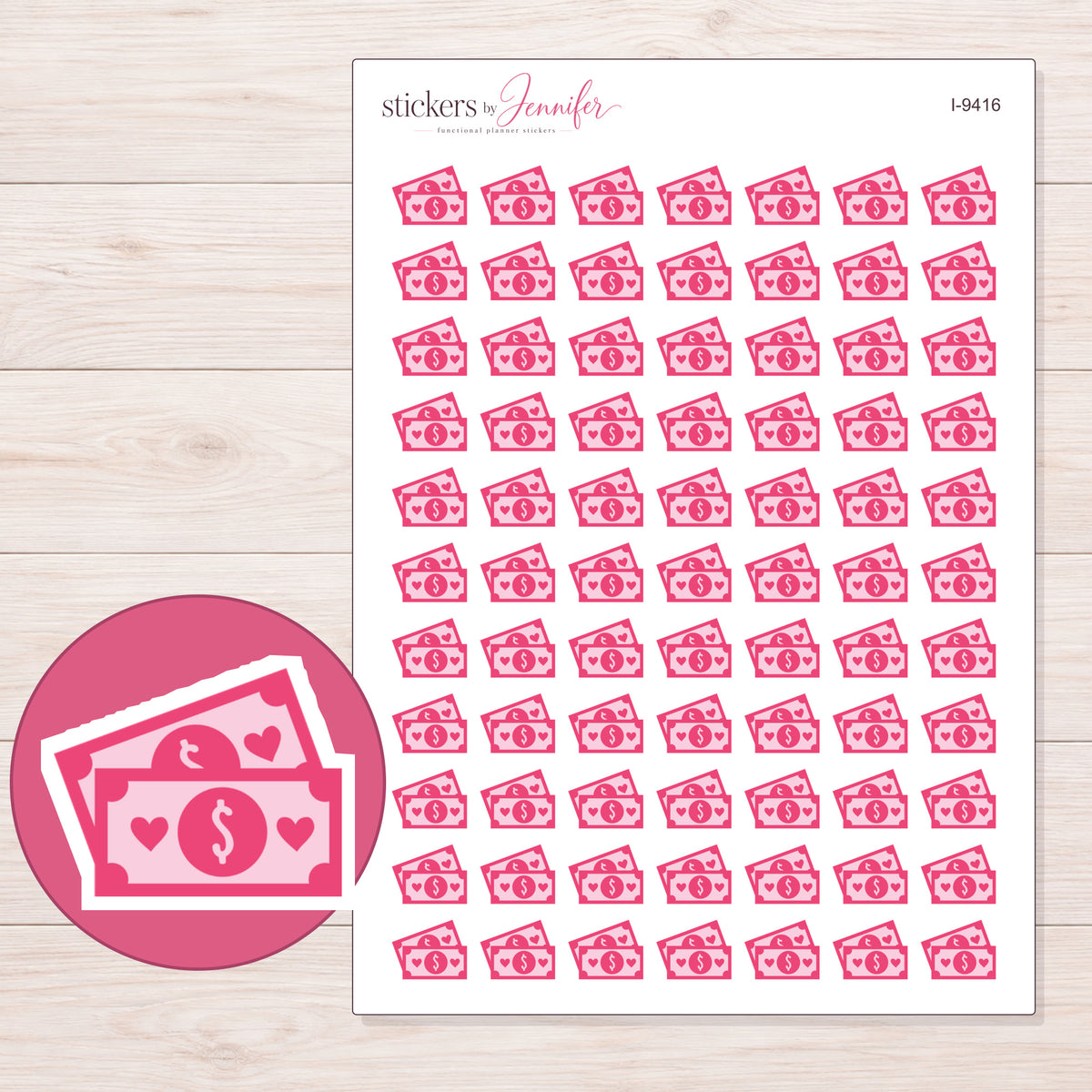 Pink Banknotes Planner Stickers | I-9416 — 5 × 7 inch sheet and enlarged sticker detail