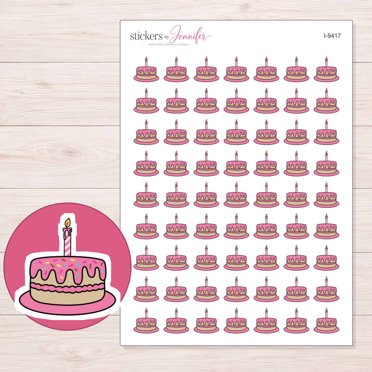 Pink Birthday Cake Planner Stickers | I-9417 — 5 × 7 inch sheet and enlarged sticker detail