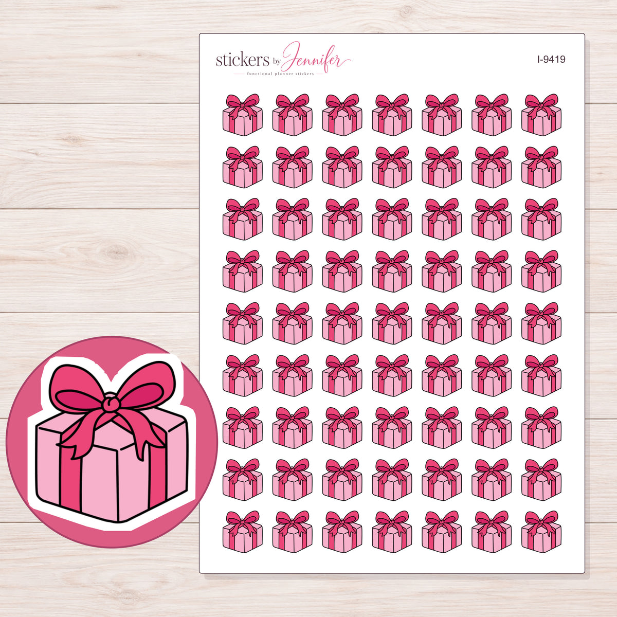 Pink Bow Gift Planner Stickers | I-9419 — 5 × 7 inch sheet and enlarged sticker detail