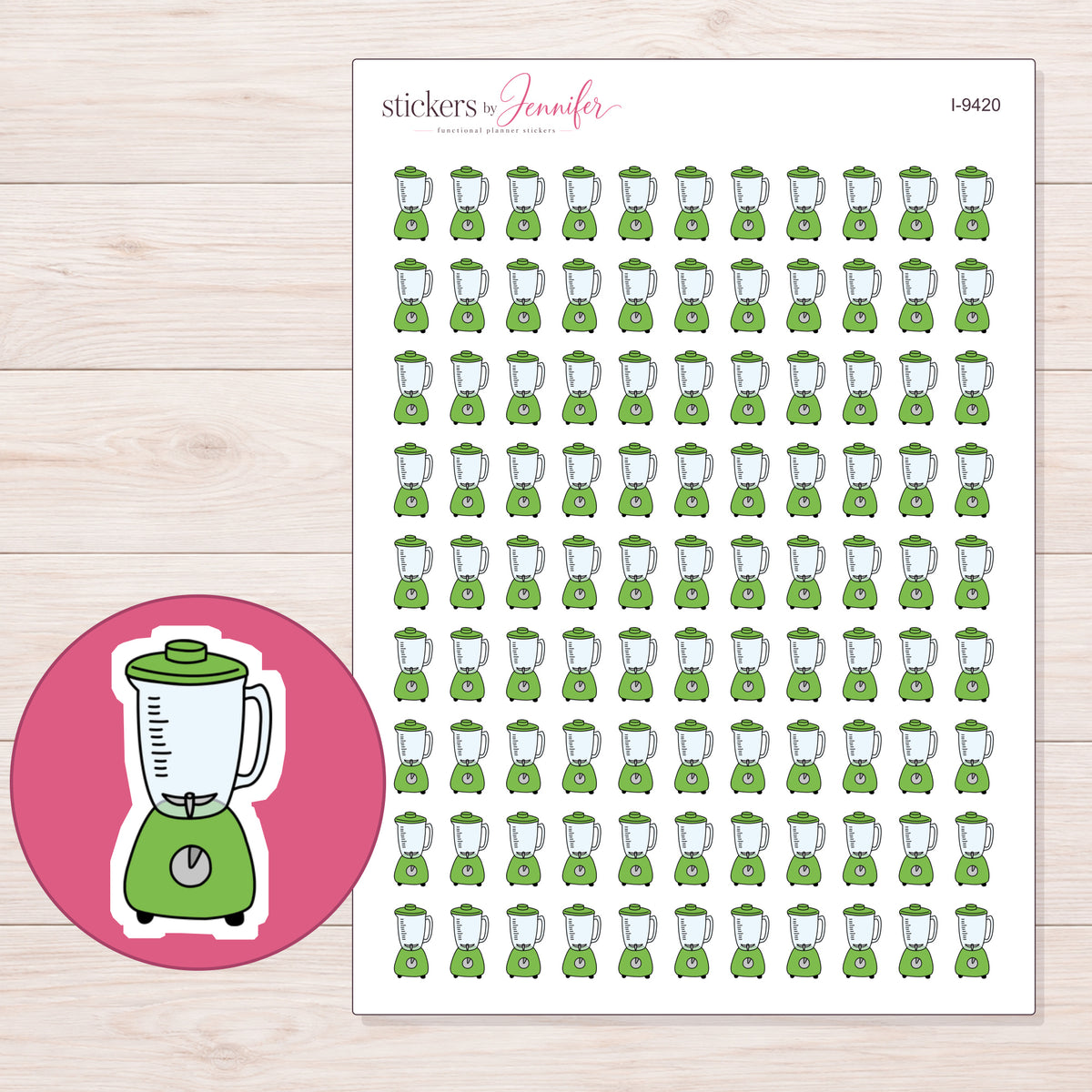 Green Kitchen Blender Planner Stickers | I-9420 — 5 × 7 inch sheet and enlarged sticker detail