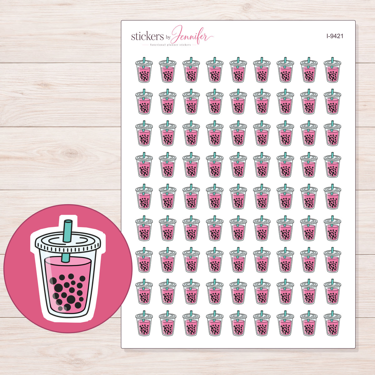 Pink Boba Tea Planner Stickers | I-9421 — 5 × 7 inch sheet and enlarged sticker detail