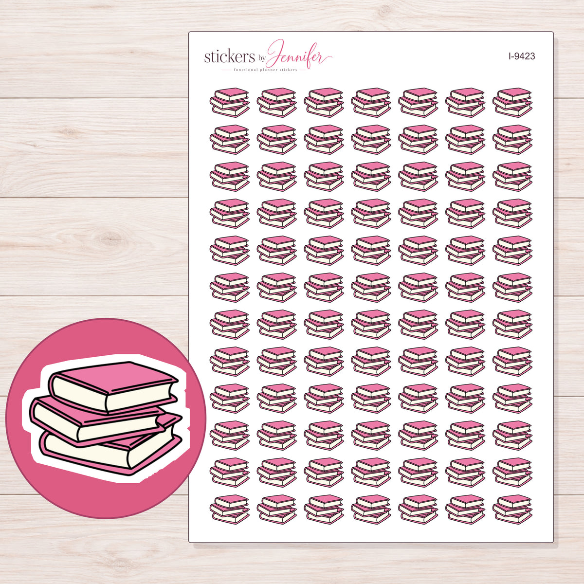 Three Pink Books Planner Stickers | I-9423 — 5 × 7 inch sheet and enlarged sticker detail